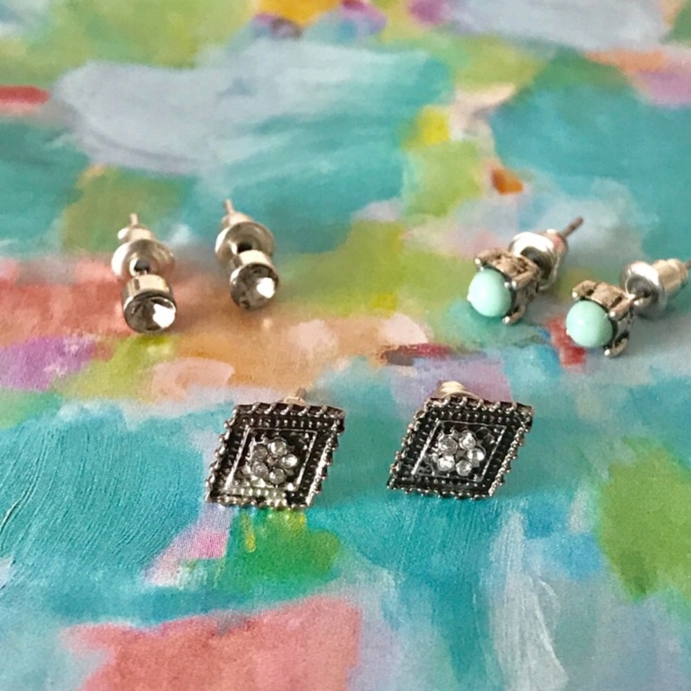 Victorian Silver Diamond + Green Stud Earring Trio Set